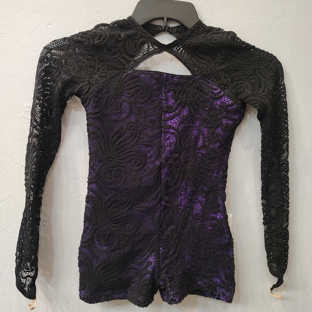 Revolution Dancewear Black Purple Lace Long Sleeve Biketard Costume Child Sz Lg
